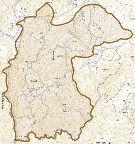 豊永宇山とその周辺の地図。町の範囲を重ねている