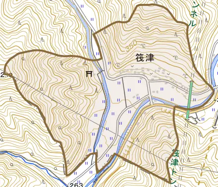 大字筏津とその周辺の地図。町の範囲を重ねている