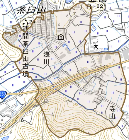 浅川とその周辺の地図。町の範囲を重ねている