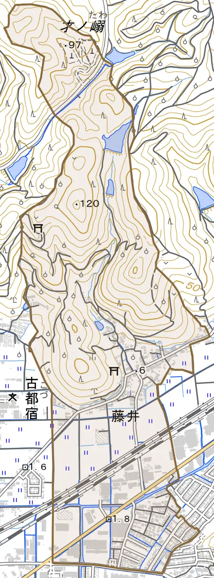 藤井とその周辺の地図。町の範囲を重ねている