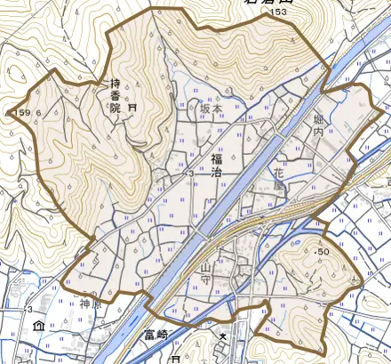 福治とその周辺の地図。町の範囲を重ねている