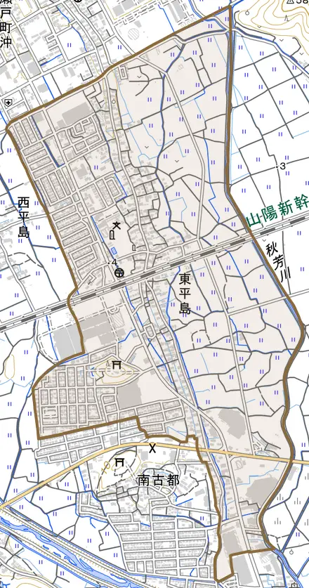 東平島とその周辺の地図。町の範囲を重ねている