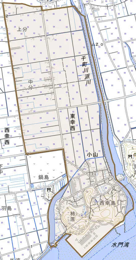 東幸西とその周辺の地図。町の範囲を重ねている