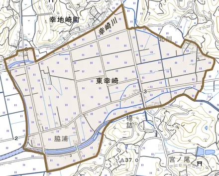 東幸崎とその周辺の地図。町の範囲を重ねている