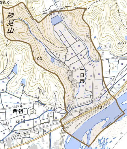 一日市とその周辺の地図。町の範囲を重ねている