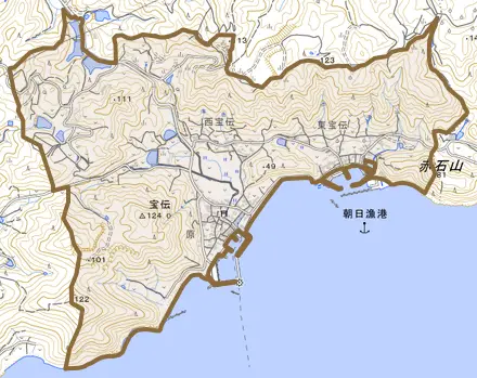 宝伝とその周辺の地図。町の範囲を重ねている