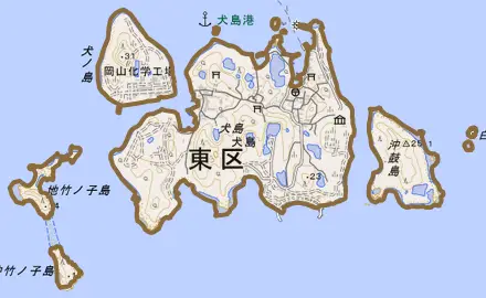 犬島とその周辺の地図。町の範囲を重ねている