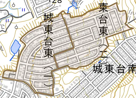 城東台東とその周辺の地図。町の範囲を重ねている