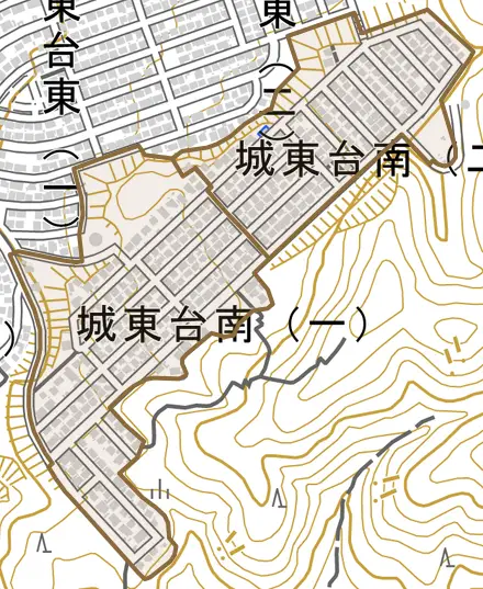 城東台南とその周辺の地図。町の範囲を重ねている