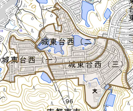 城東台西とその周辺の地図。町の範囲を重ねている
