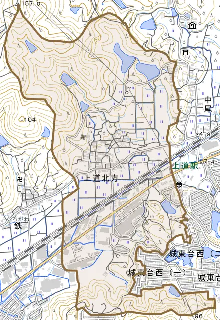 上道北方とその周辺の地図。町の範囲を重ねている