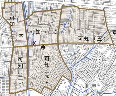 可知とその周辺の地図。町の範囲を重ねている