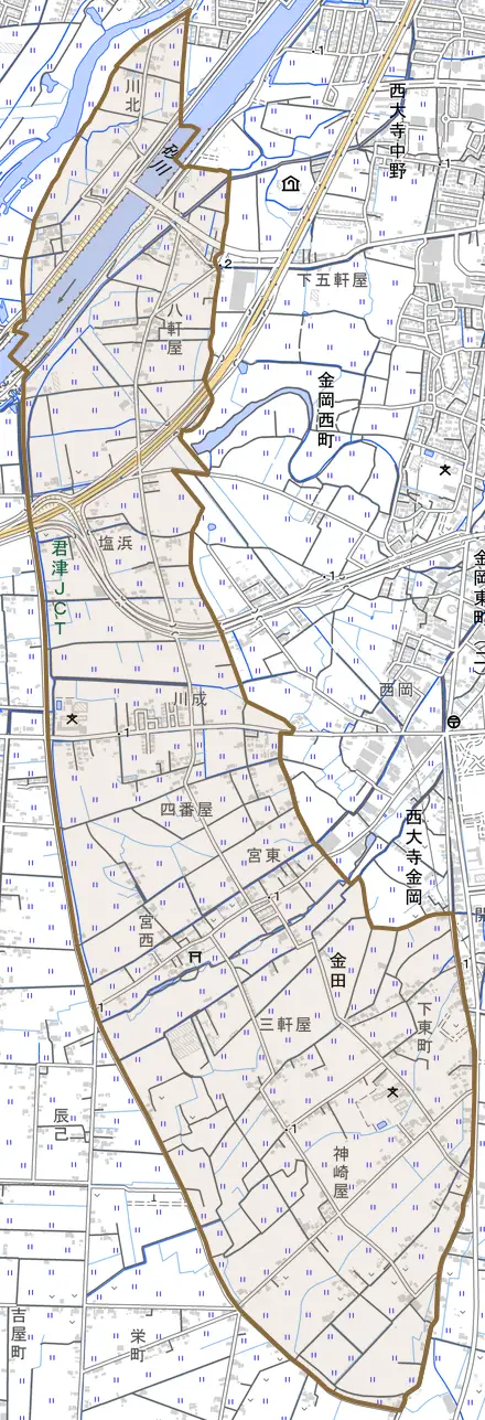 金田とその周辺の地図。町の範囲を重ねている