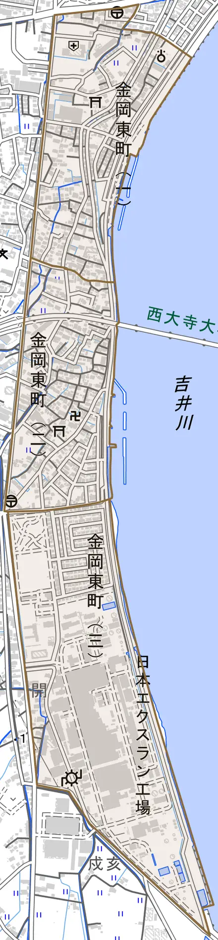 金岡東町とその周辺の地図。町の範囲を重ねている