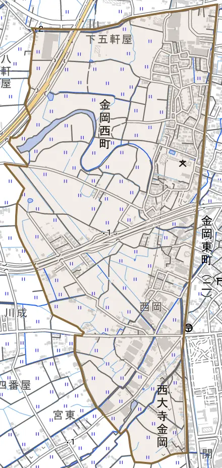金岡西町とその周辺の地図。町の範囲を重ねている