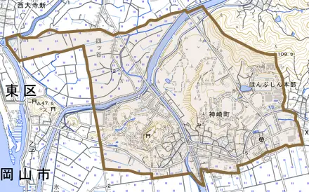 神崎町とその周辺の地図。町の範囲を重ねている