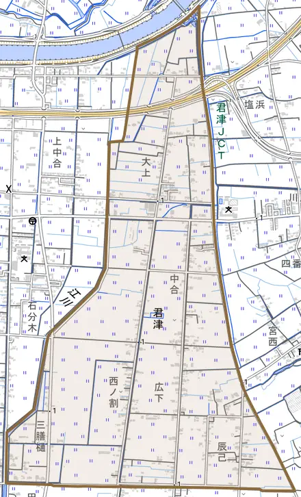 君津とその周辺の地図。町の範囲を重ねている
