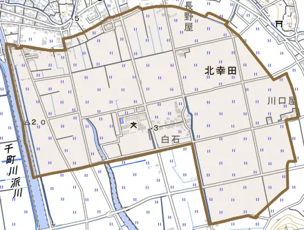 北幸田とその周辺の地図。町の範囲を重ねている