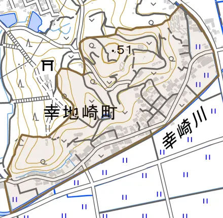 幸地崎町とその周辺の地図。町の範囲を重ねている
