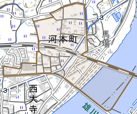 河本町とその周辺の地図。町の範囲を重ねている