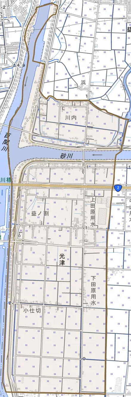 光津とその周辺の地図。町の範囲を重ねている