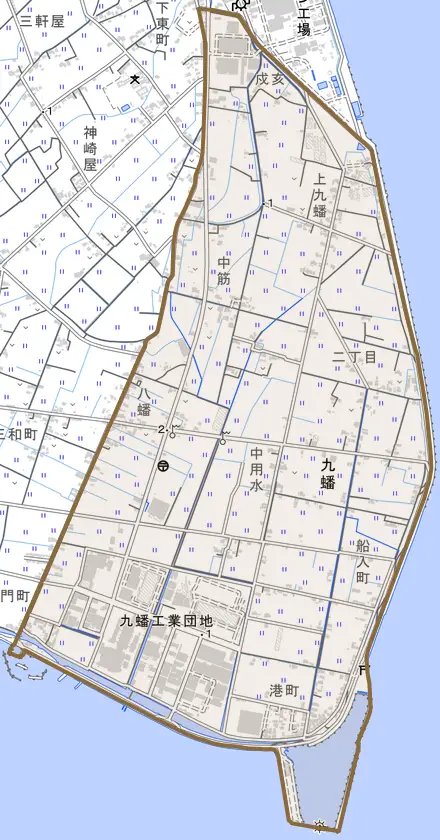 九蟠とその周辺の地図。町の範囲を重ねている