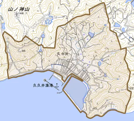 久々井とその周辺の地図。町の範囲を重ねている