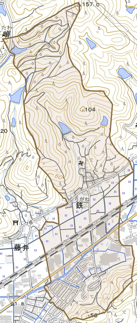 鉄とその周辺の地図。町の範囲を重ねている