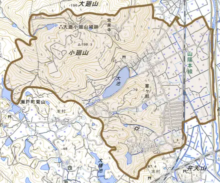 草ケ部とその周辺の地図。町の範囲を重ねている