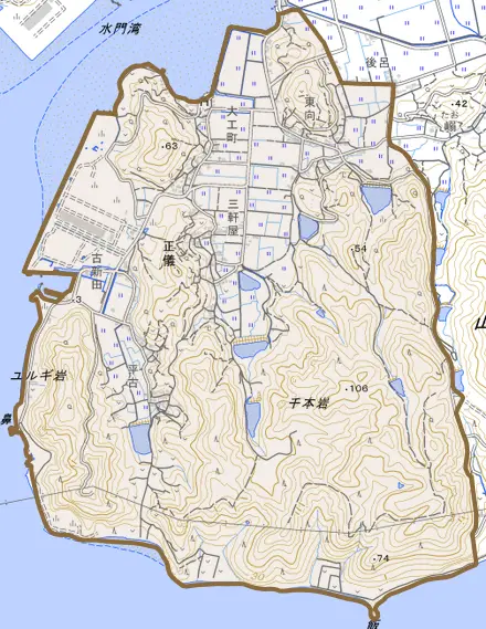 正儀とその周辺の地図。町の範囲を重ねている