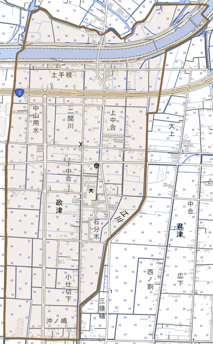 政津とその周辺の地図。町の範囲を重ねている