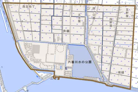 升田とその周辺の地図。町の範囲を重ねている