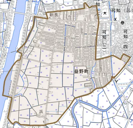 益野町とその周辺の地図。町の範囲を重ねている