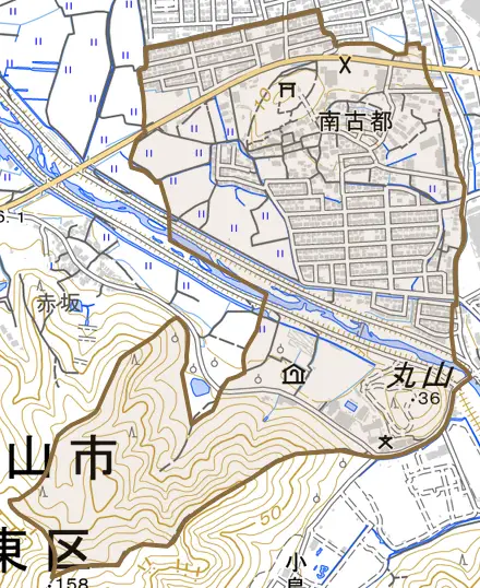 南古都とその周辺の地図。町の範囲を重ねている