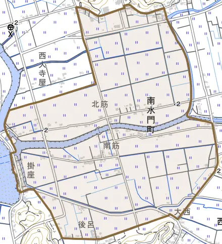 南水門町とその周辺の地図。町の範囲を重ねている