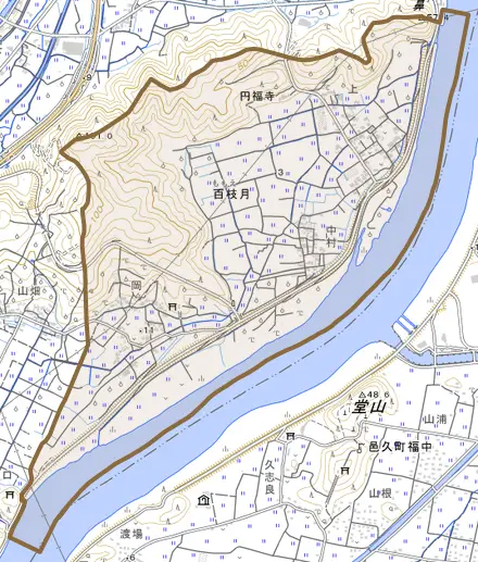 百枝月とその周辺の地図。町の範囲を重ねている