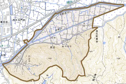 長沼とその周辺の地図。町の範囲を重ねている