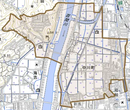 中川町とその周辺の地図。町の範囲を重ねている