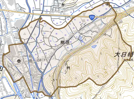 楢原とその周辺の地図。町の範囲を重ねている