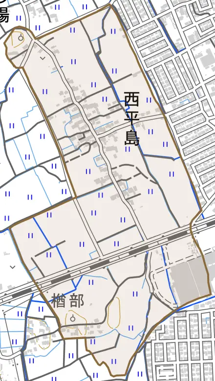 西平島とその周辺の地図。町の範囲を重ねている