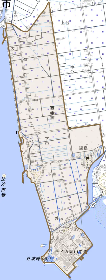 西幸西とその周辺の地図。町の範囲を重ねている