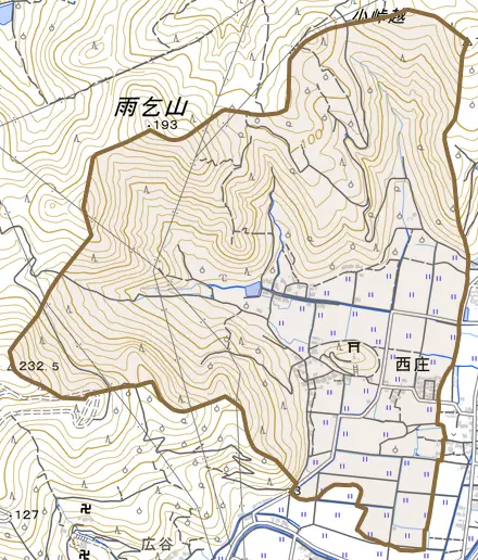 西庄とその周辺の地図。町の範囲を重ねている