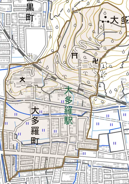 大多羅町とその周辺の地図。町の範囲を重ねている