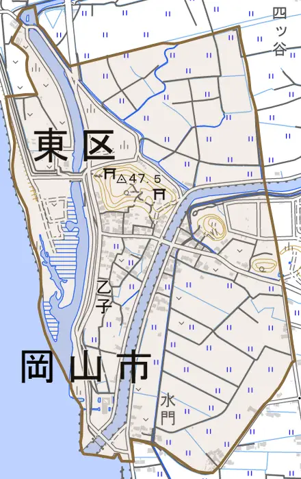 乙子とその周辺の地図。町の範囲を重ねている