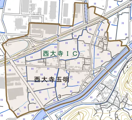 西大寺五明とその周辺の地図。町の範囲を重ねている