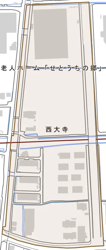 西大寺とその周辺の地図。町の範囲を重ねている