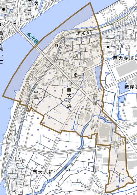 西大寺浜とその周辺の地図。町の範囲を重ねている