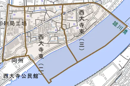 西大寺東とその周辺の地図。町の範囲を重ねている