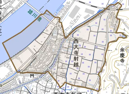 西大寺射越とその周辺の地図。町の範囲を重ねている