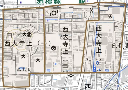 西大寺上とその周辺の地図。町の範囲を重ねている